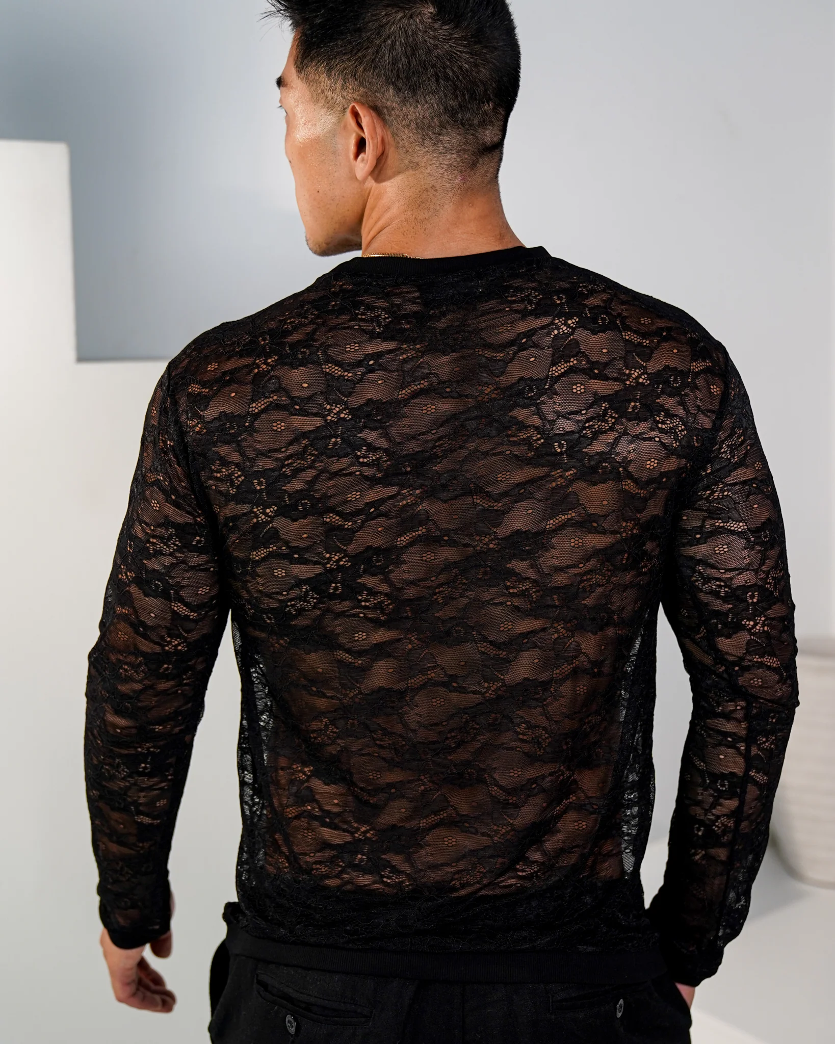 Fioren Crew-Neck Ultra-fine Lace Shirt - Black - Image 3