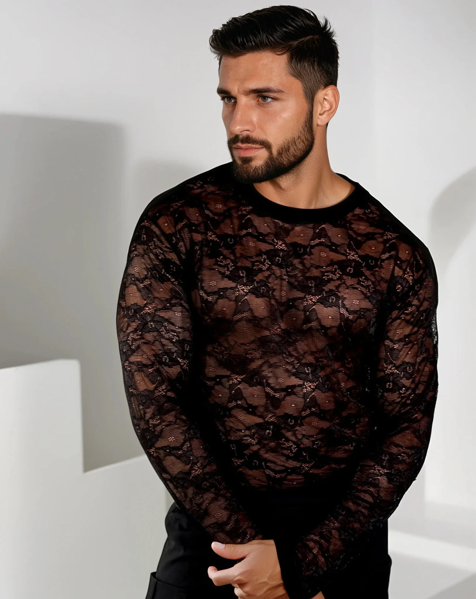 Fioren Crew-Neck Ultra-fine Lace Shirt - Black - Image 4