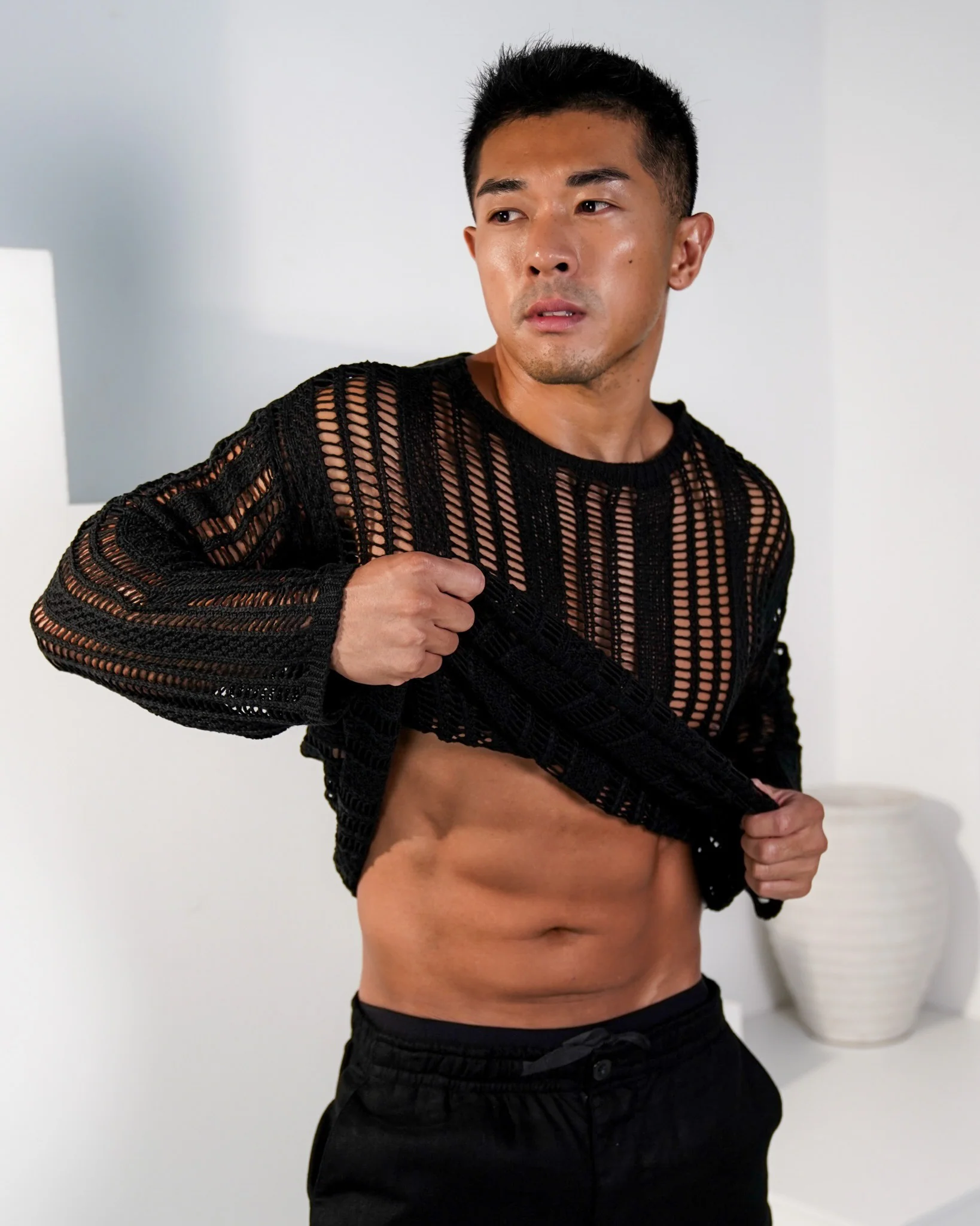 Kaveiro Distressed Long-Sleeve Crochet Shirt  - Black - Image 2