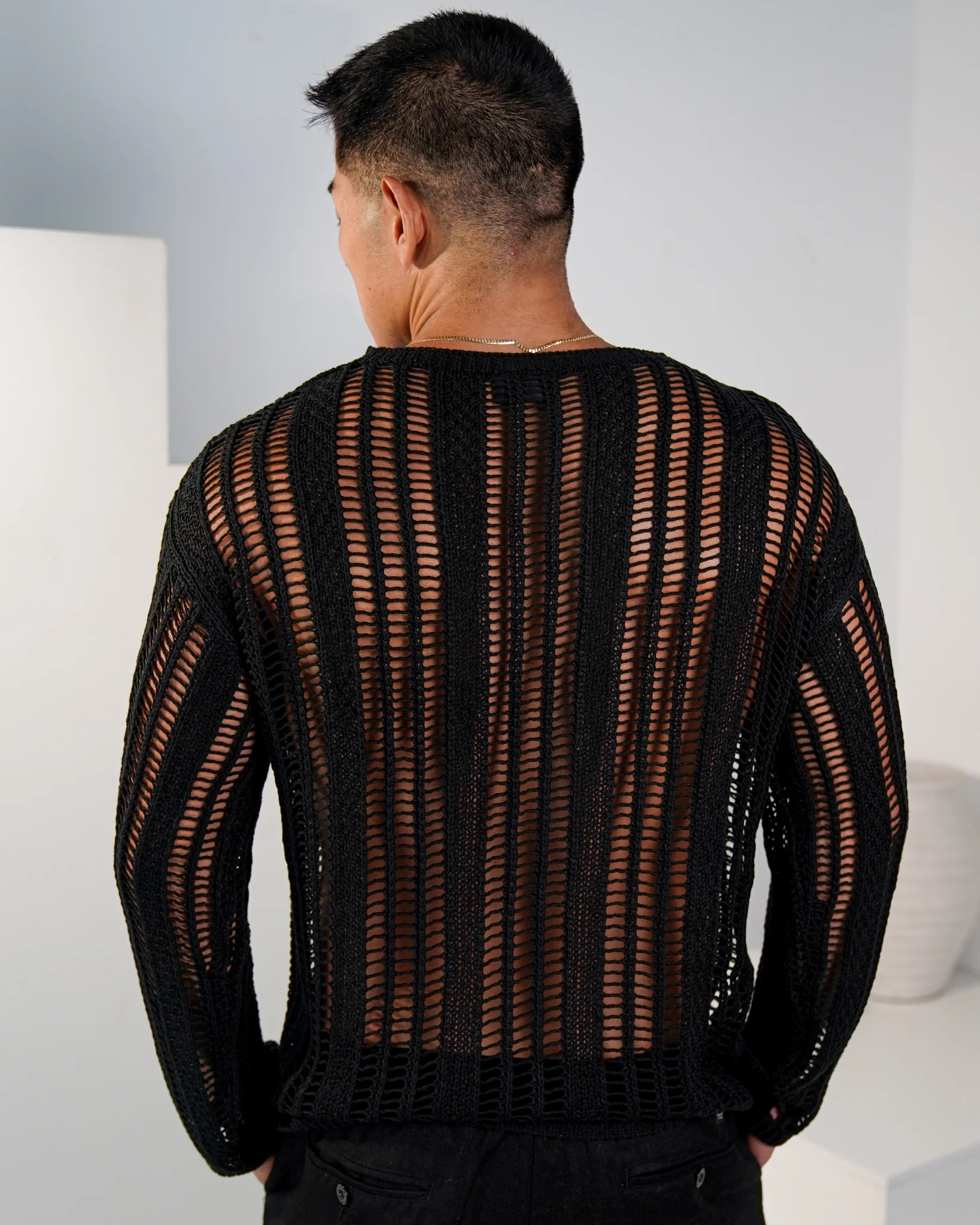 Kaveiro Distressed Long-Sleeve Crochet Shirt  - Black - Image 3