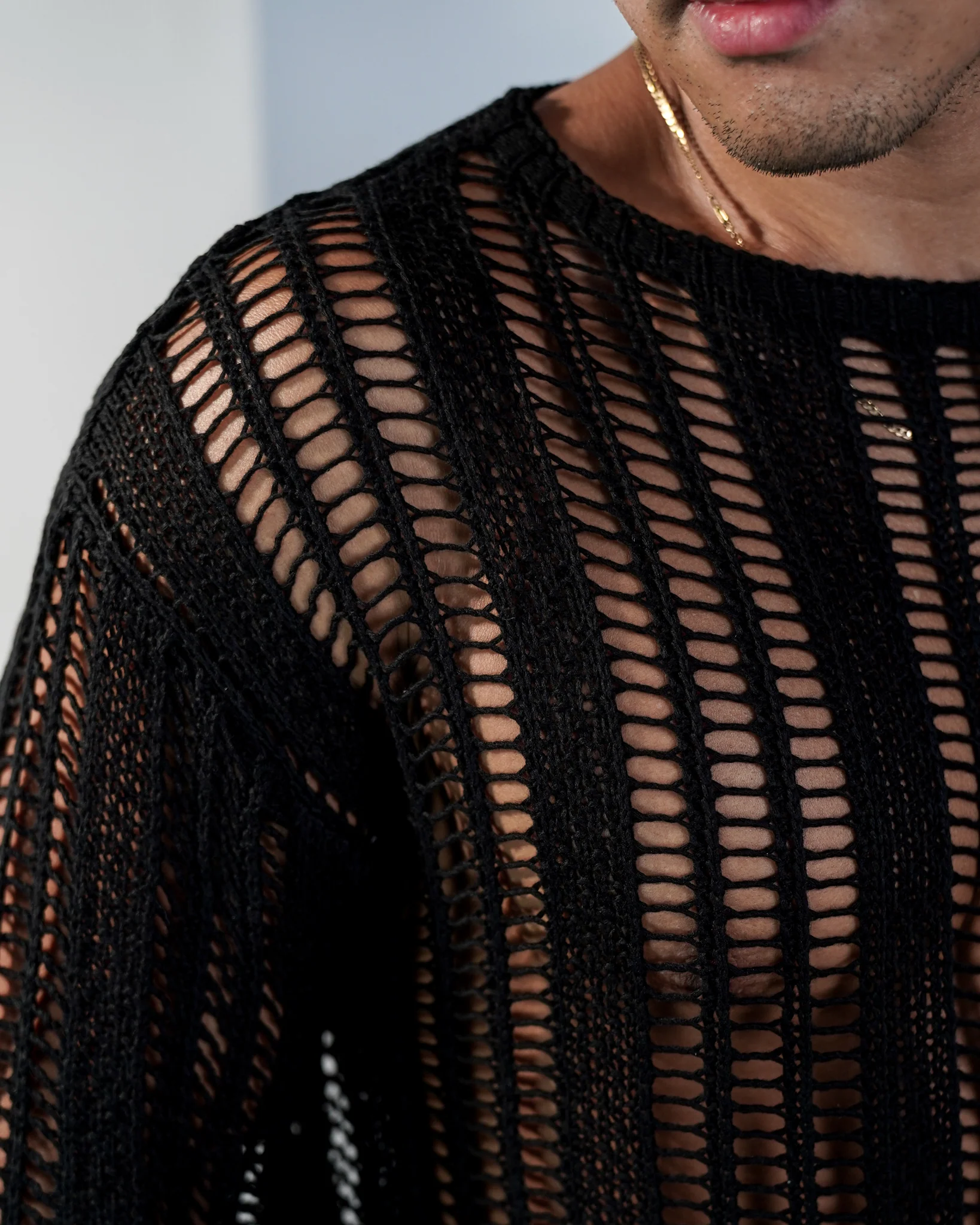 Kaveiro Distressed Long-Sleeve Crochet Shirt  - Black - Image 4