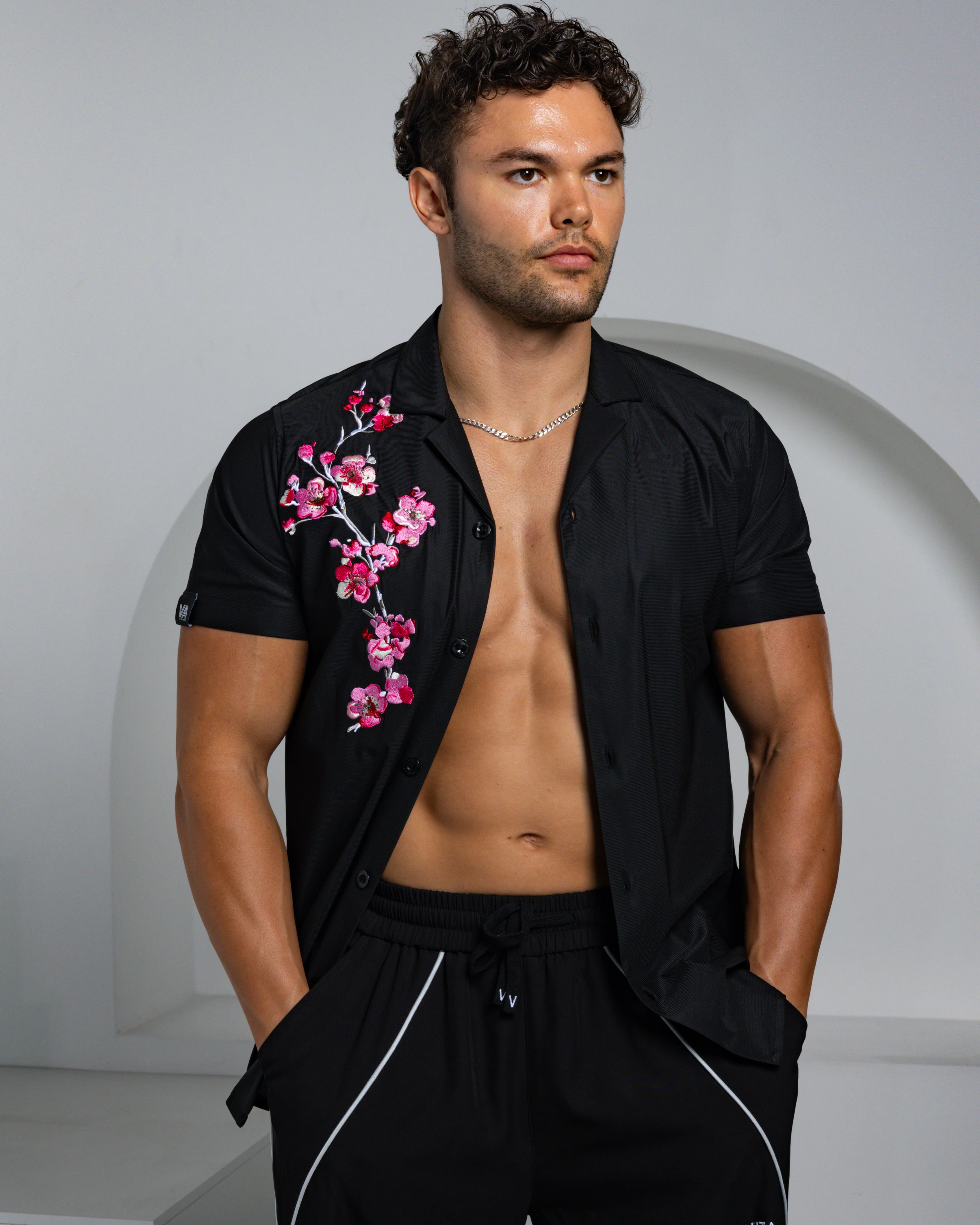 Limited Edition- Men's Ice Silk Shirt - Embroidery Sakura - Image 3