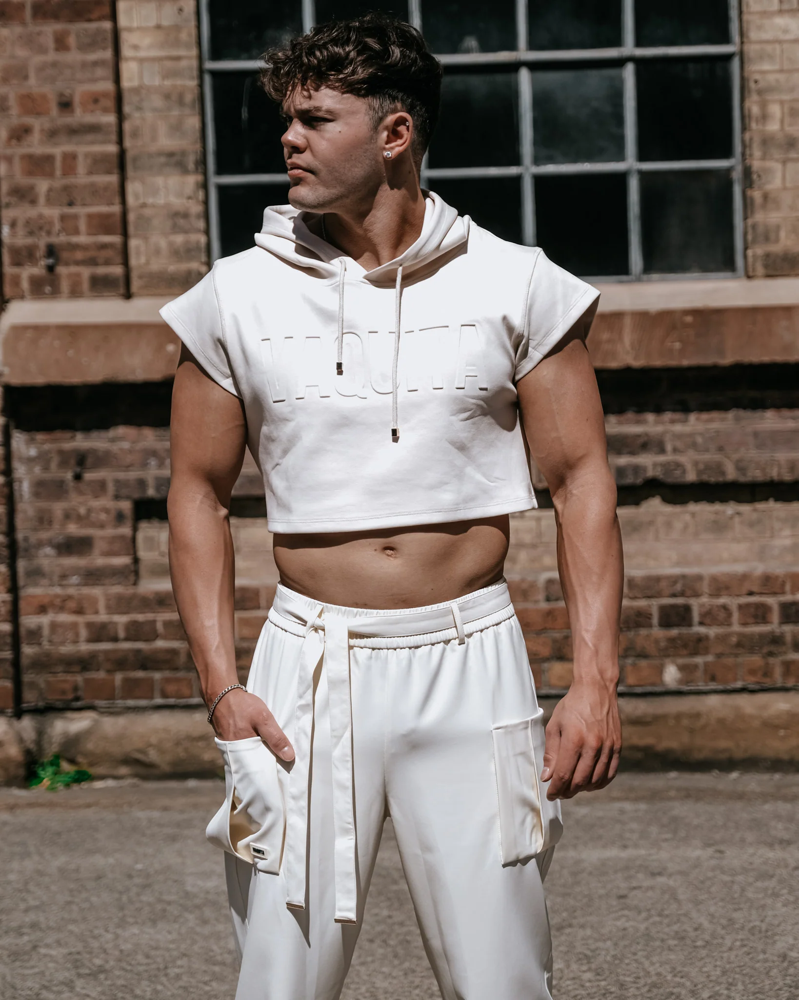 Men’s Cropped Embossed Hoodie - Beige - Image 3