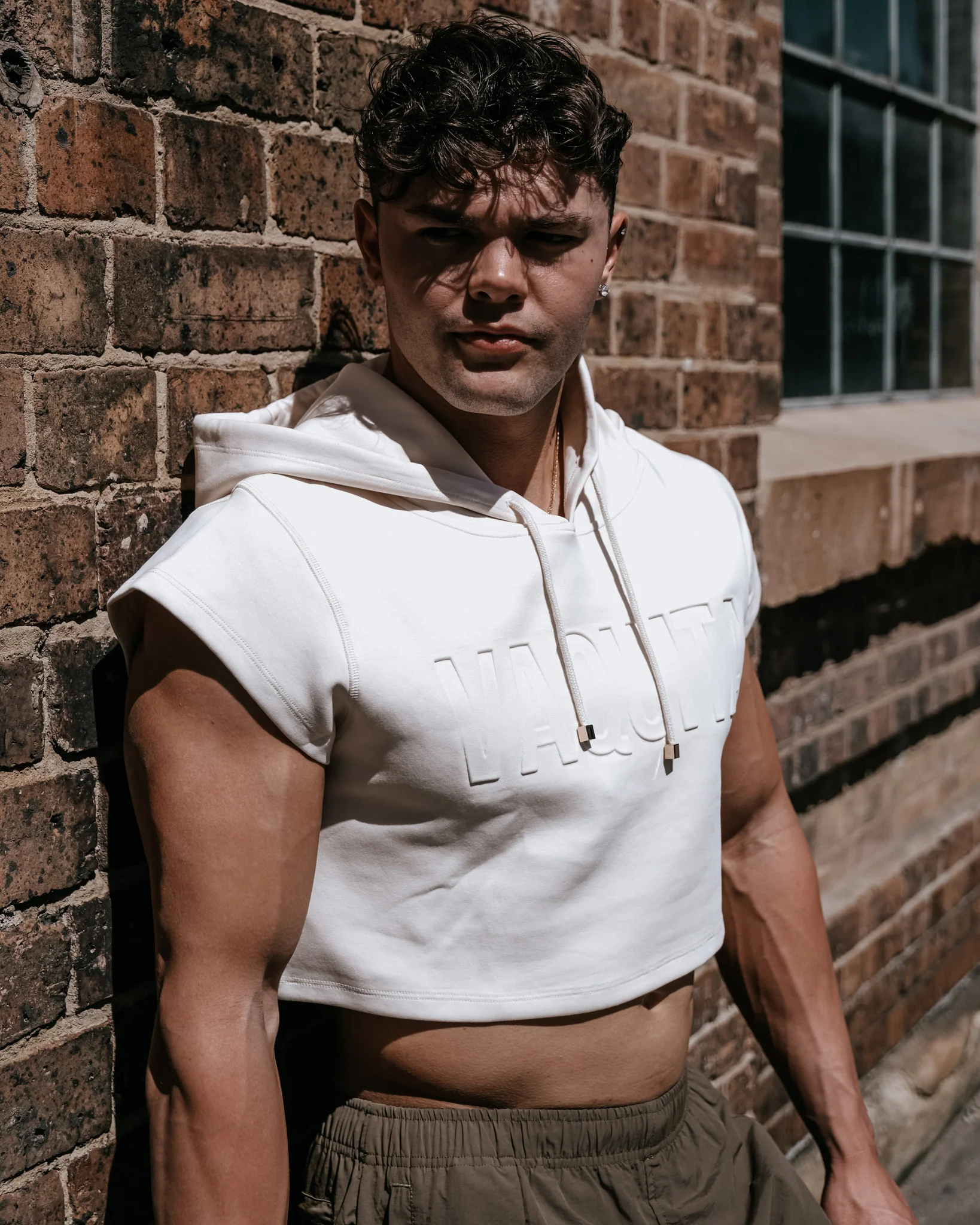Men’s Cropped Embossed Hoodie - Beige - Image 4