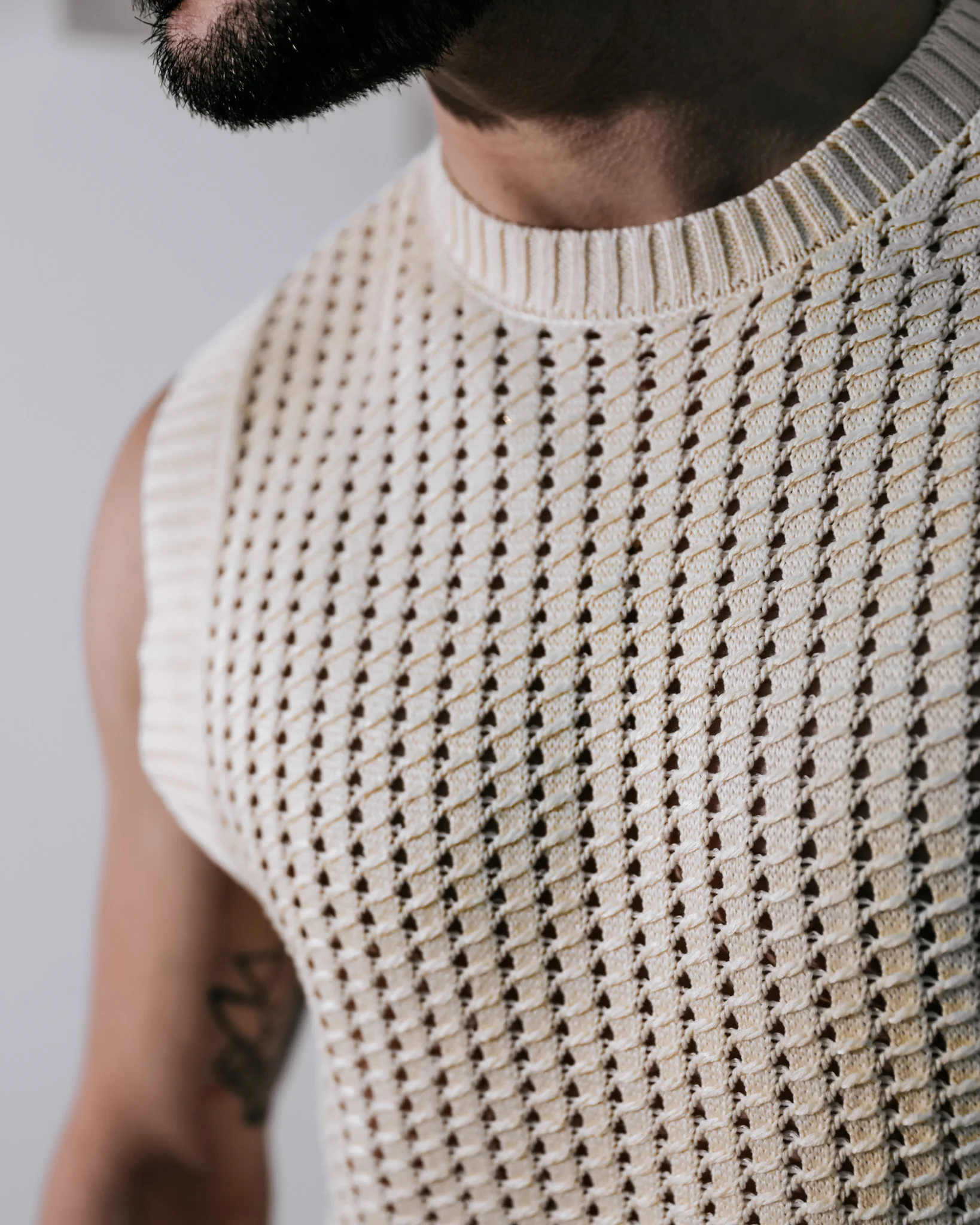 Men’s Sleeveless Crochet Vest - Beige - Image 3