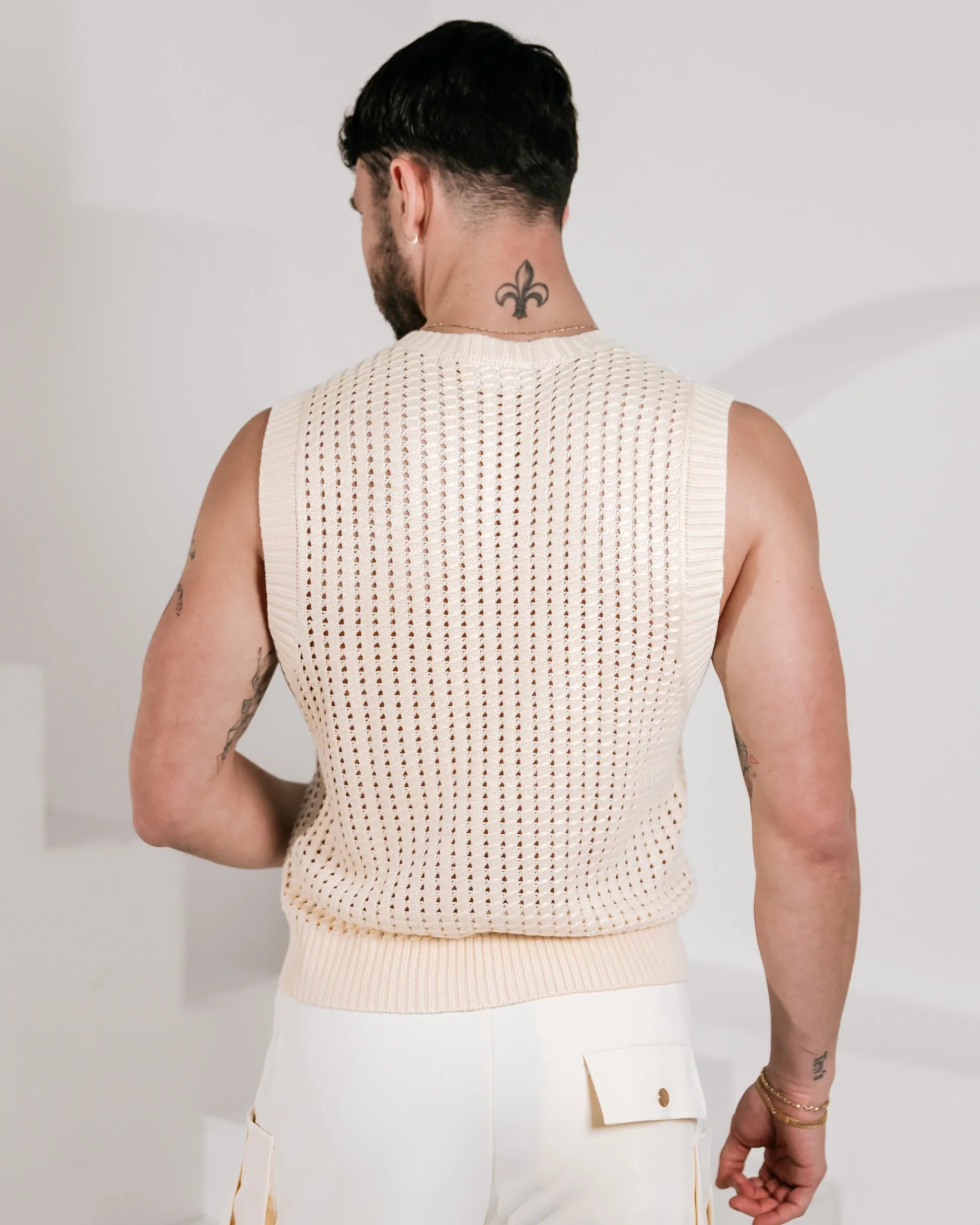 Men’s Sleeveless Crochet Vest - Beige - Image 4