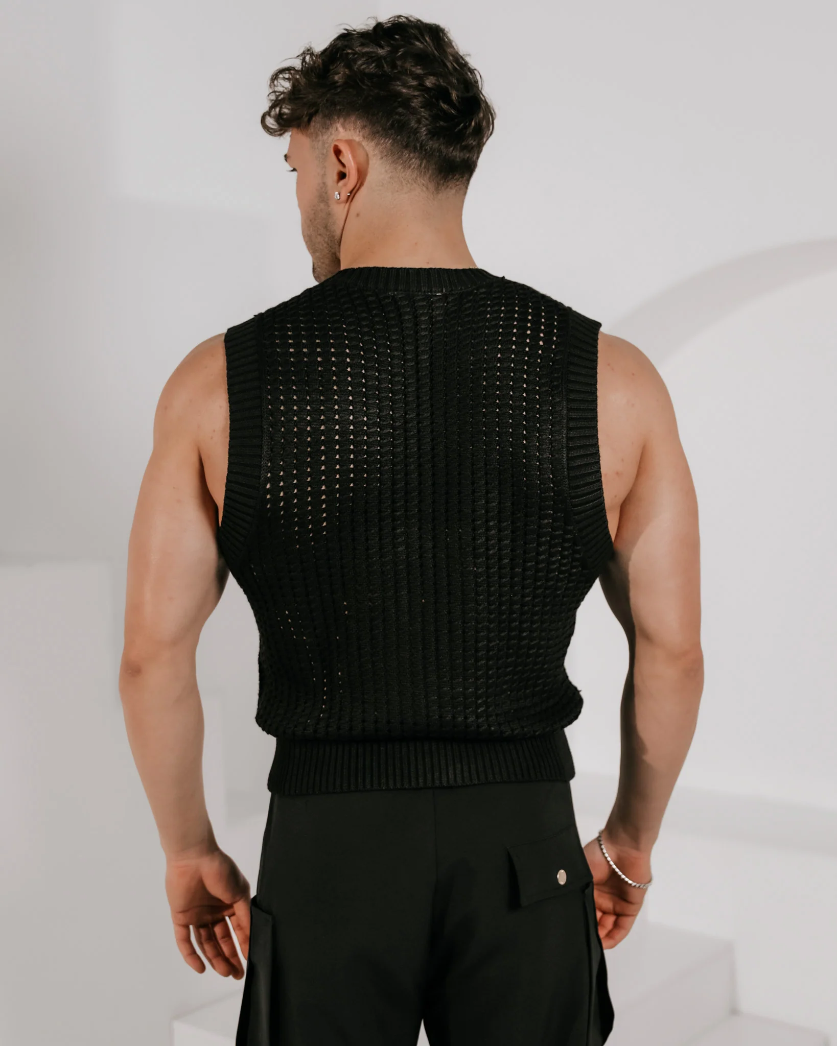 Men’s Sleeveless Crochet Vest - Black - Image 3