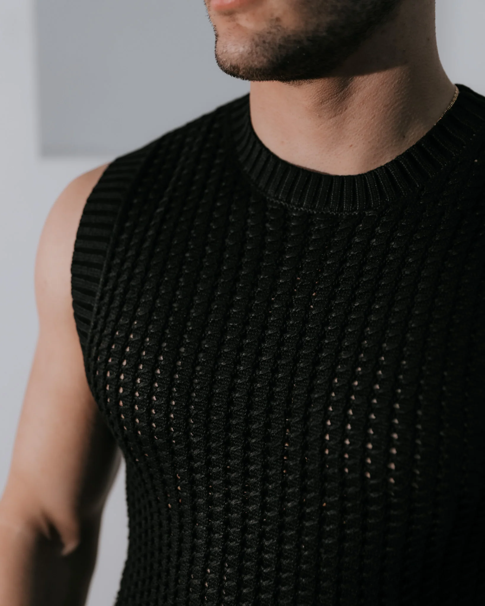 Men’s Sleeveless Crochet Vest - Black - Image 4