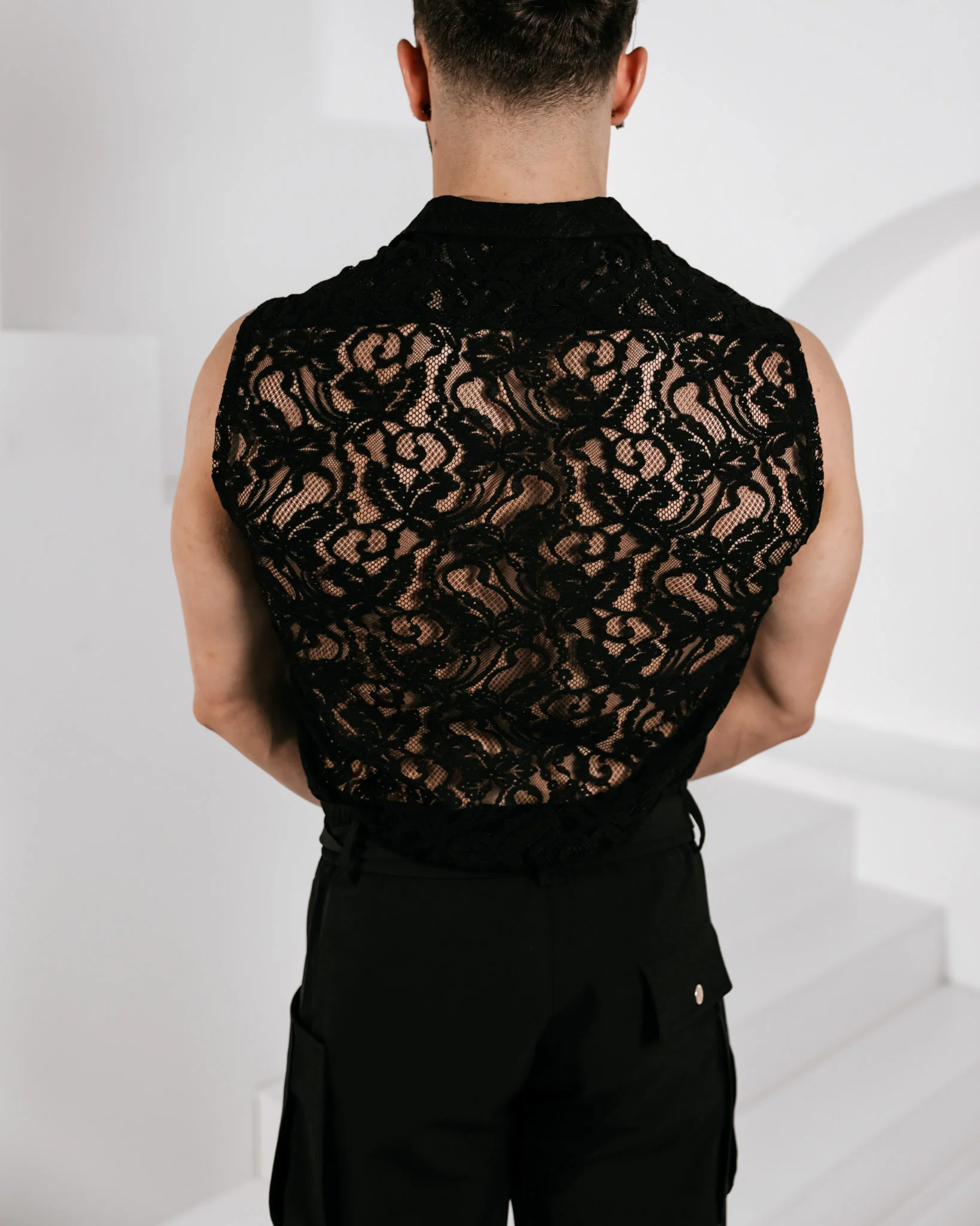 Men’s Sleeveless Lace Shirt - Black - Image 3