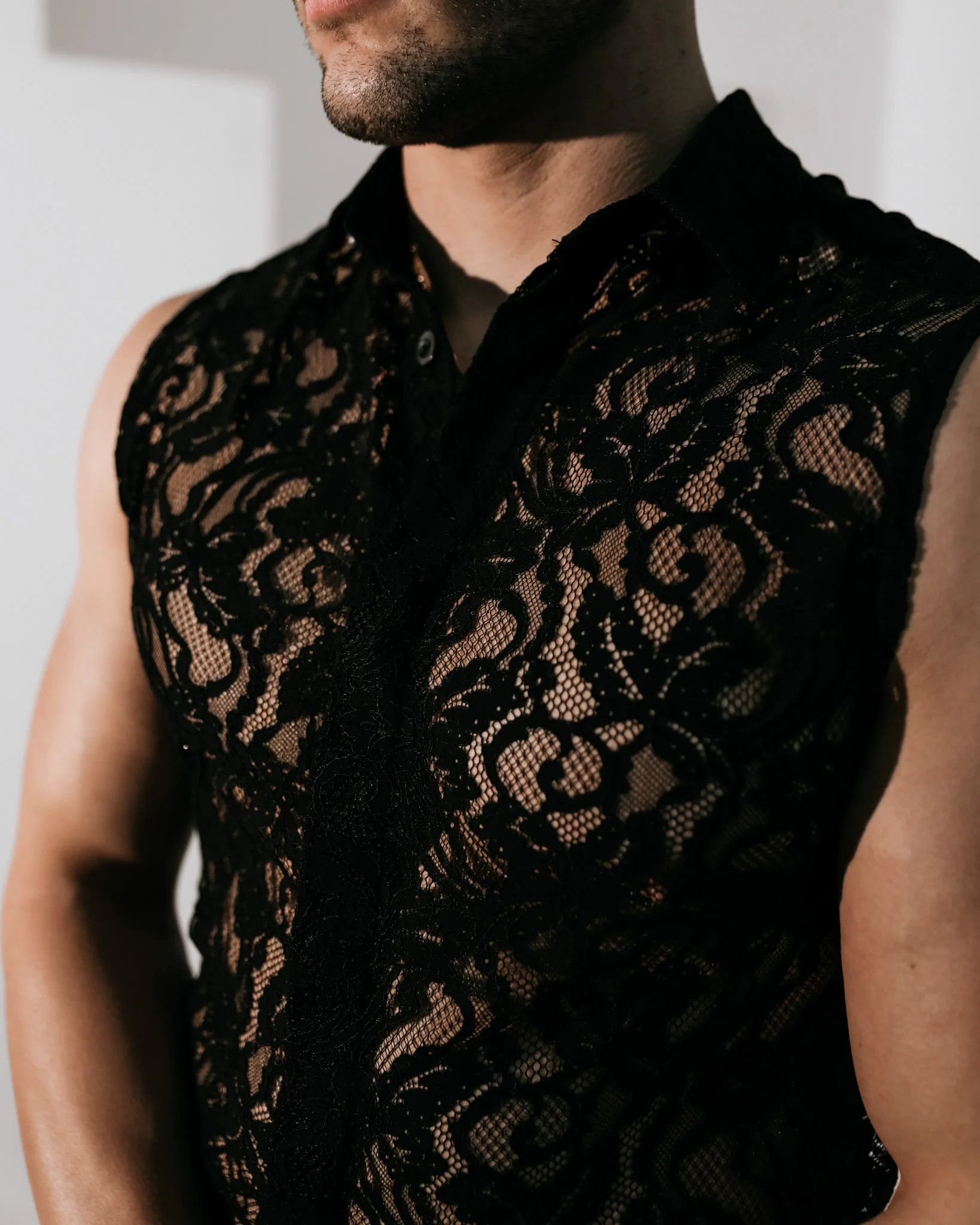 Men’s Sleeveless Lace Shirt - Black - Image 4