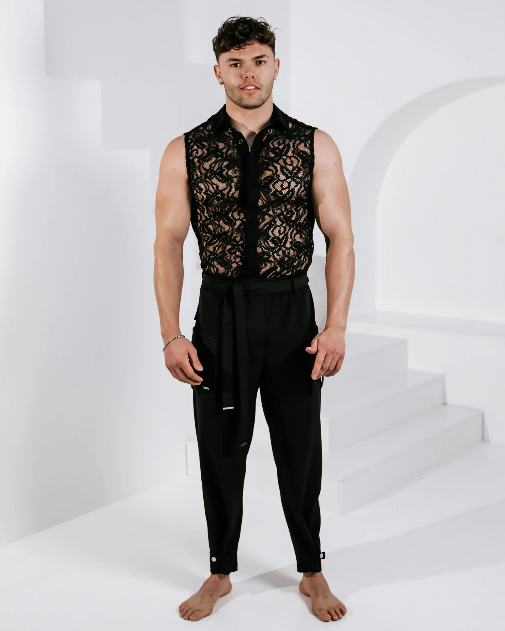 Men’s Sleeveless Lace Shirt - Black - Image 5