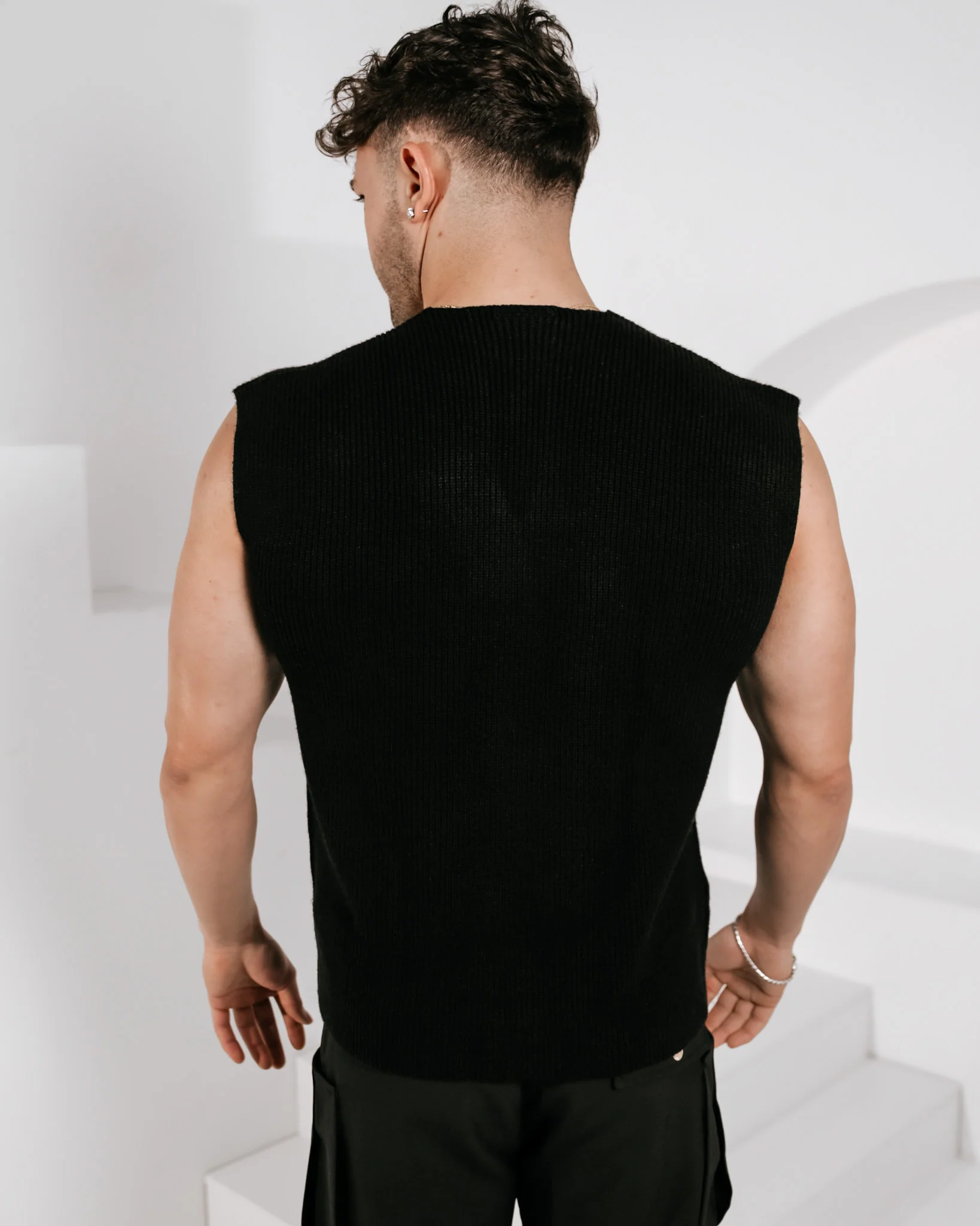 Men’s Sleeveless V-neck Knitted Vest - Black - Image 4