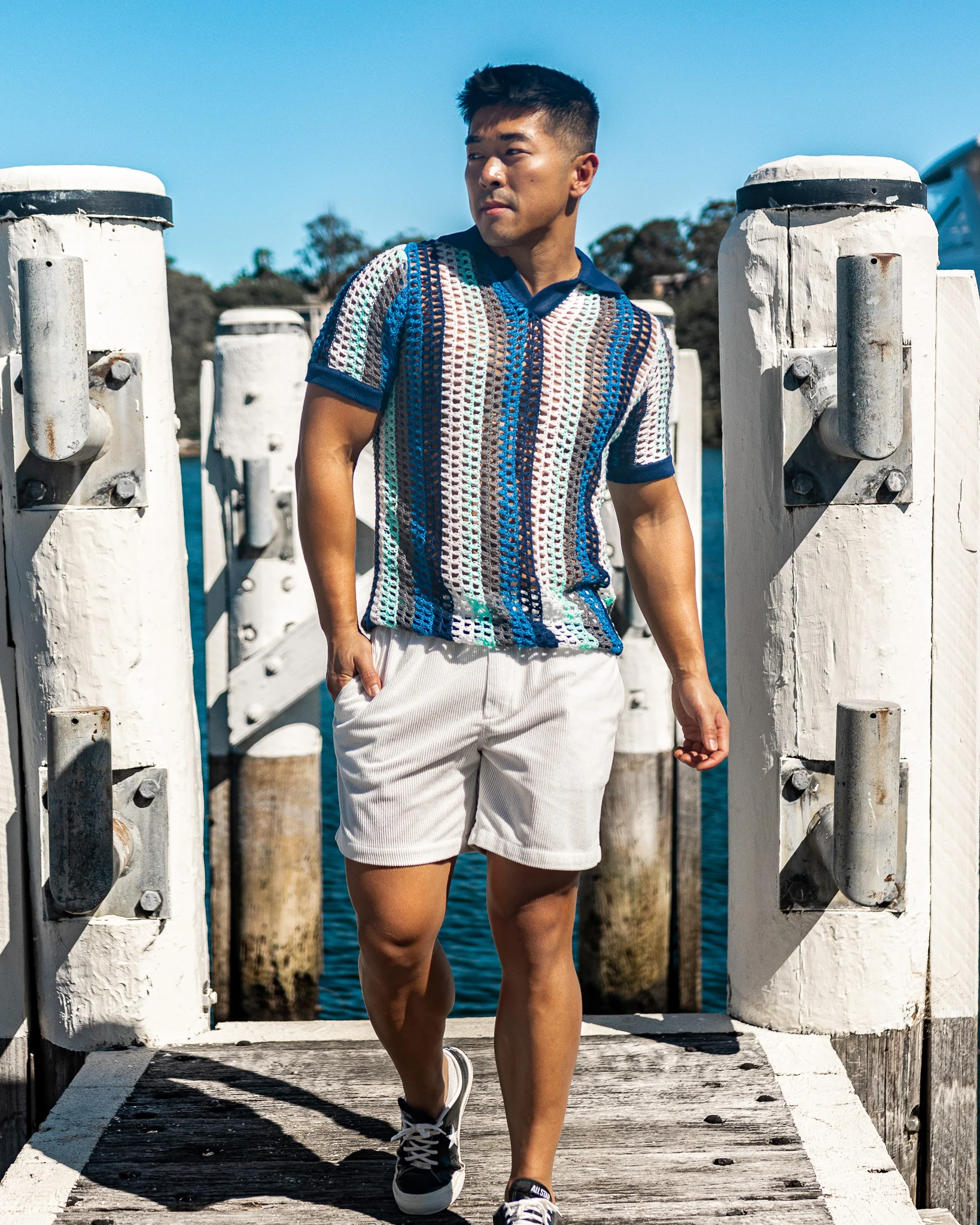 Atlas Crochet Polo Shirt - Blue Stripes - Image 3