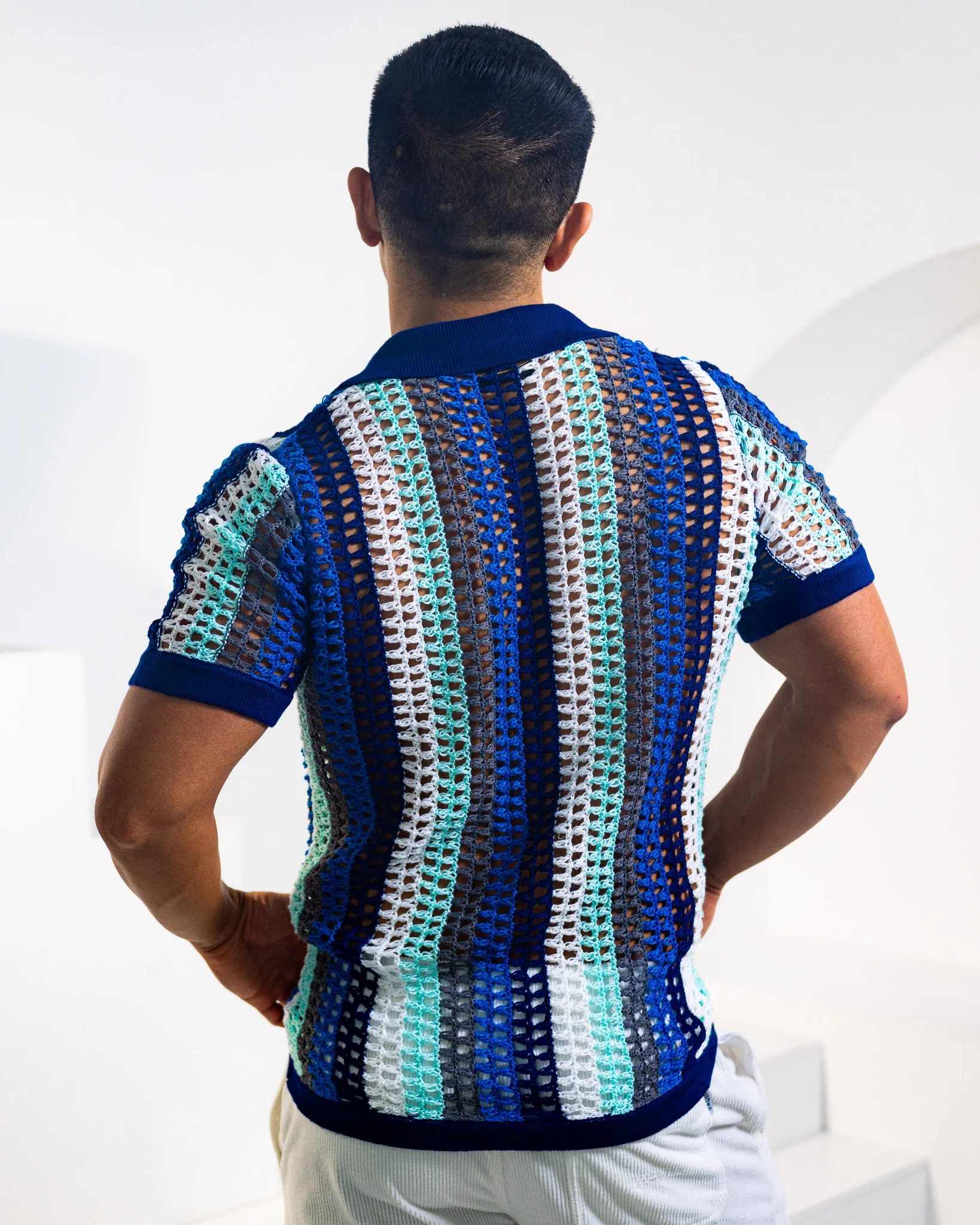 Atlas Crochet Polo Shirt - Blue Stripes - Image 4