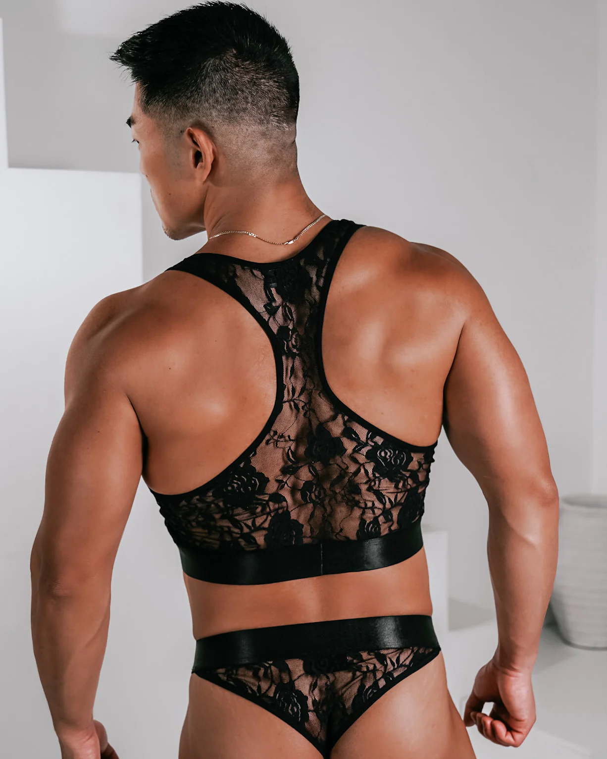 Ultra-Fine Lace Crop Top & Jock Thong Set - Black/Gold - Image 4