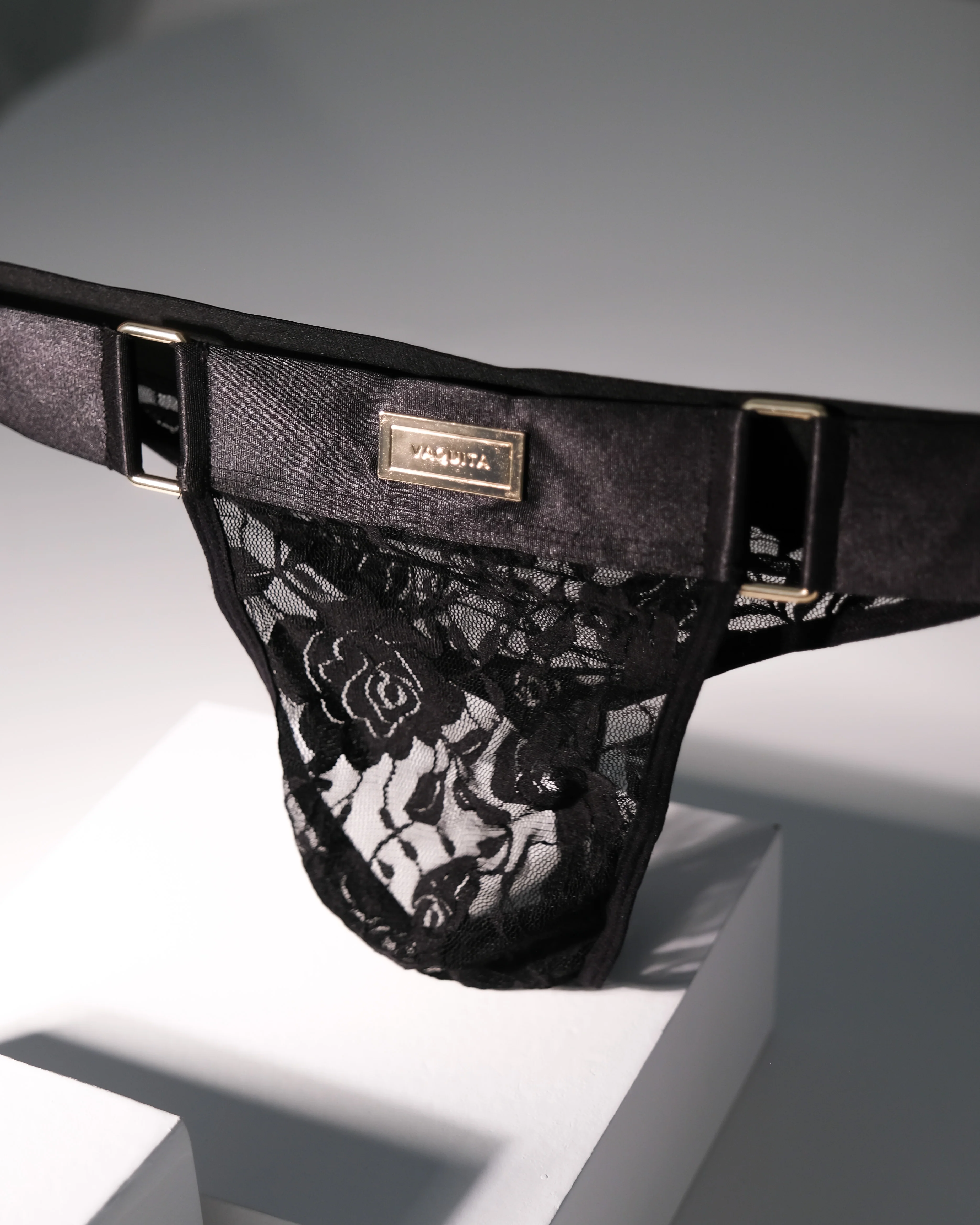 Ultra-Fine Lace Crop Top & Jock Thong Set - Black/Gold - Image 5